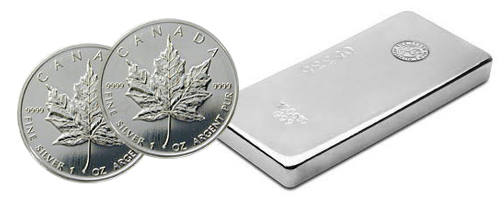 Silver coins and a silver bar
