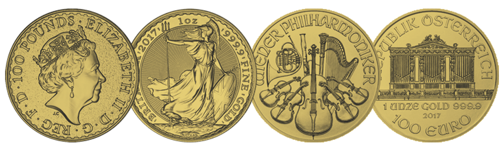 Gold Coins Britannias and Austrian Philharmonics